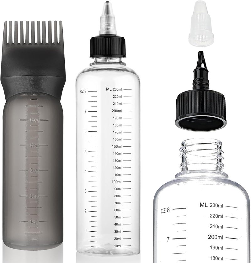COMNICO 2 Pack Applicator Bottle for Hair, 8.5oz 6oz Squeeze Empty Oil Dispenser Hair Color Applicator Root Dye PET Plastic Refillable Bottles with Graduated Scale and Twist Top for Home Salon Sylist - Image 1